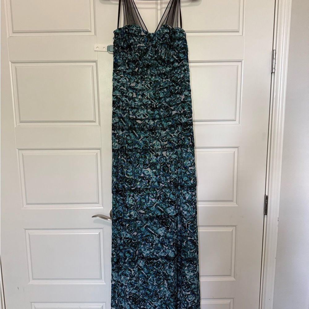 BCBGMaxAzria Teal and Black Ruffled Bodice Maxi Dress